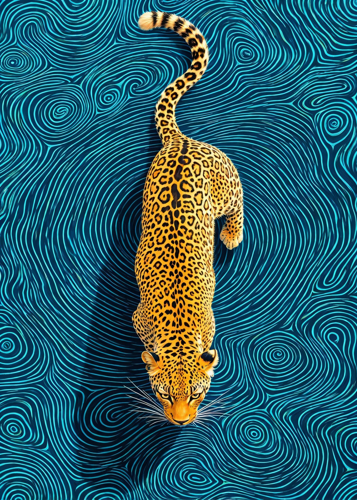 Turkuaz desen üzerinde leopar