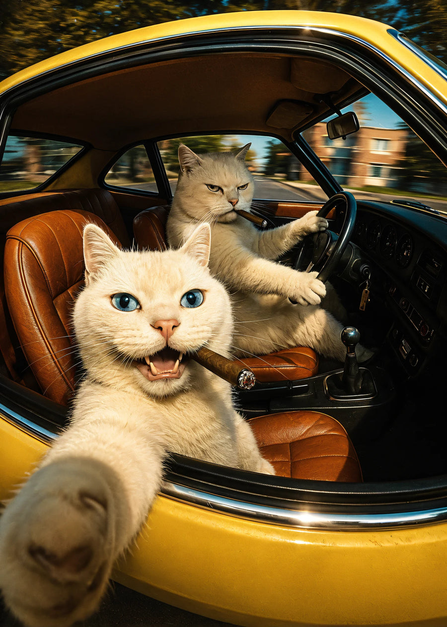 Arabada selfie çeken kediler