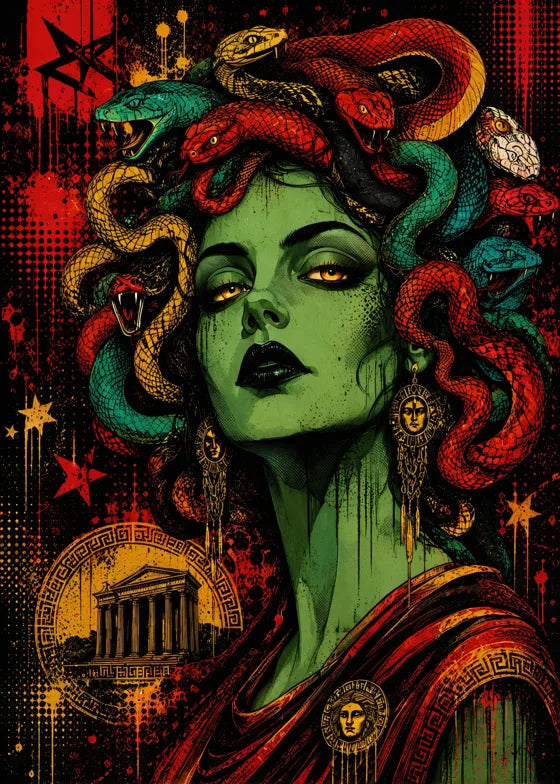Kırmızı yeşil Medusa portresi